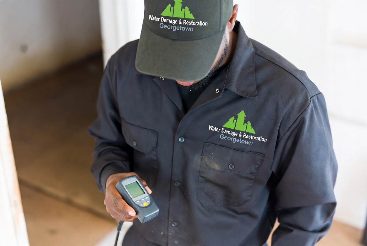 Georgetown water damage restoration technician using moisture detection equipment